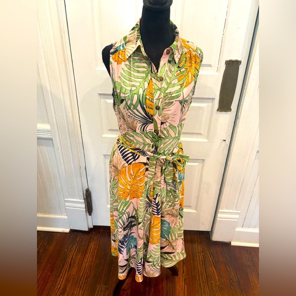 ECI New York Sleeveless Collared Button Down Tie Waist Midi Palm Dress Sz 6 - Picture 1 of 6